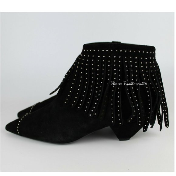 NEW SAINT LAURENT Blaze Laced Fringe Ankle Boots – Suede Studded Western Boots - Picture 9 of 15